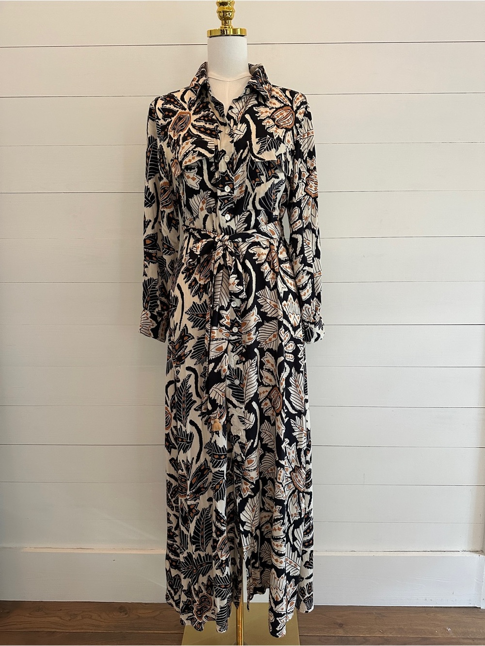 Omika Floral and Palm Print Shirt Dress with Tie Belt - Black & Cream